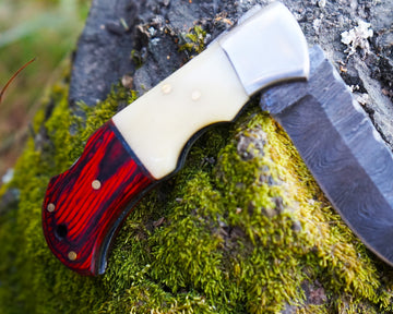 Premium Damascus Folding Knife – EDC Pocket Knife for Hunting and survival - Bone & Red Wood Handle - Comes with sheath
